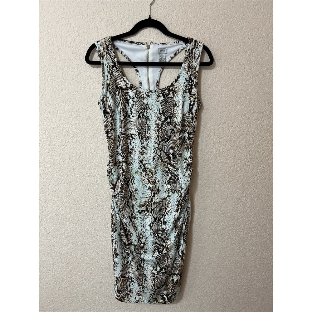 Vintage Cache Midi Dress Bodycon Ruched Cutout Back Sz M Snake Print Swifty